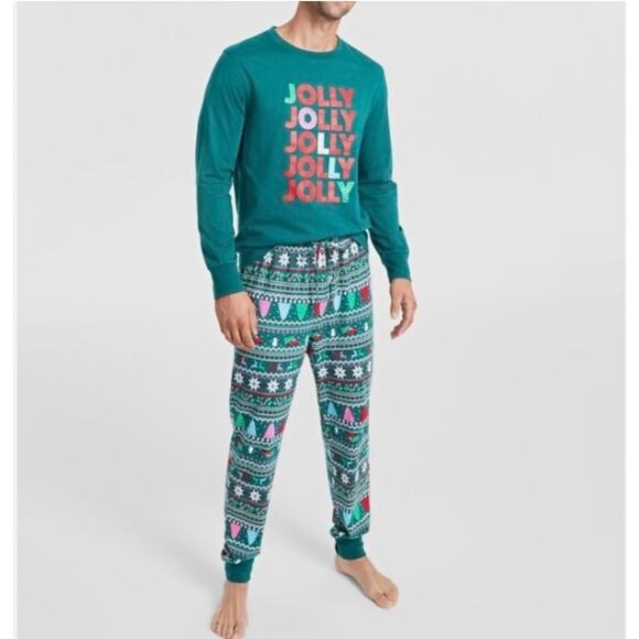 Macys Pajama Set Mens Large Green JOLLY Holiday Festive Lounge Comfy Cozy Sleep - Picture 1 of 9